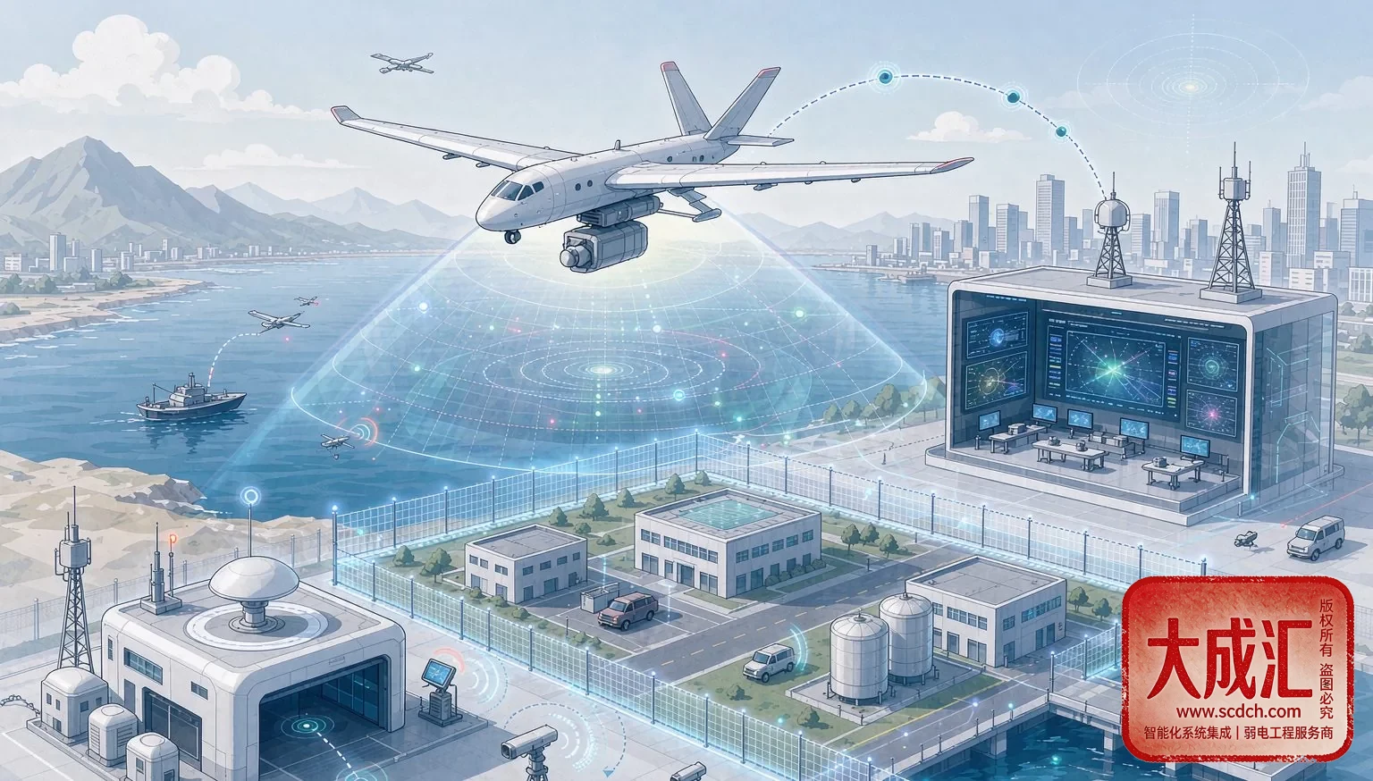 {'en': 'Schematic of long-endurance drone low-altitude security application scenarios', 'ja': '長時間航続ドローン低空警備アプリケーション場景の模式図', 'zh': '长航时无人机低空安防应用场景示意'}