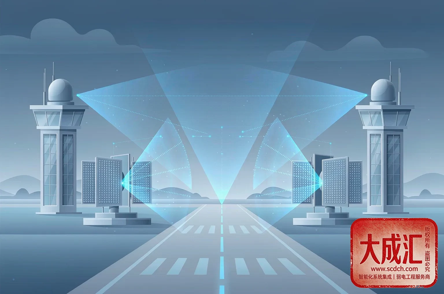 {'en': 'Sensing-communication network covering airport clearance', 'ja': '通感一体化ネットワークが空港進入表面を覆う示意', 'zh': '通感一体网络覆盖机场净空示意'}