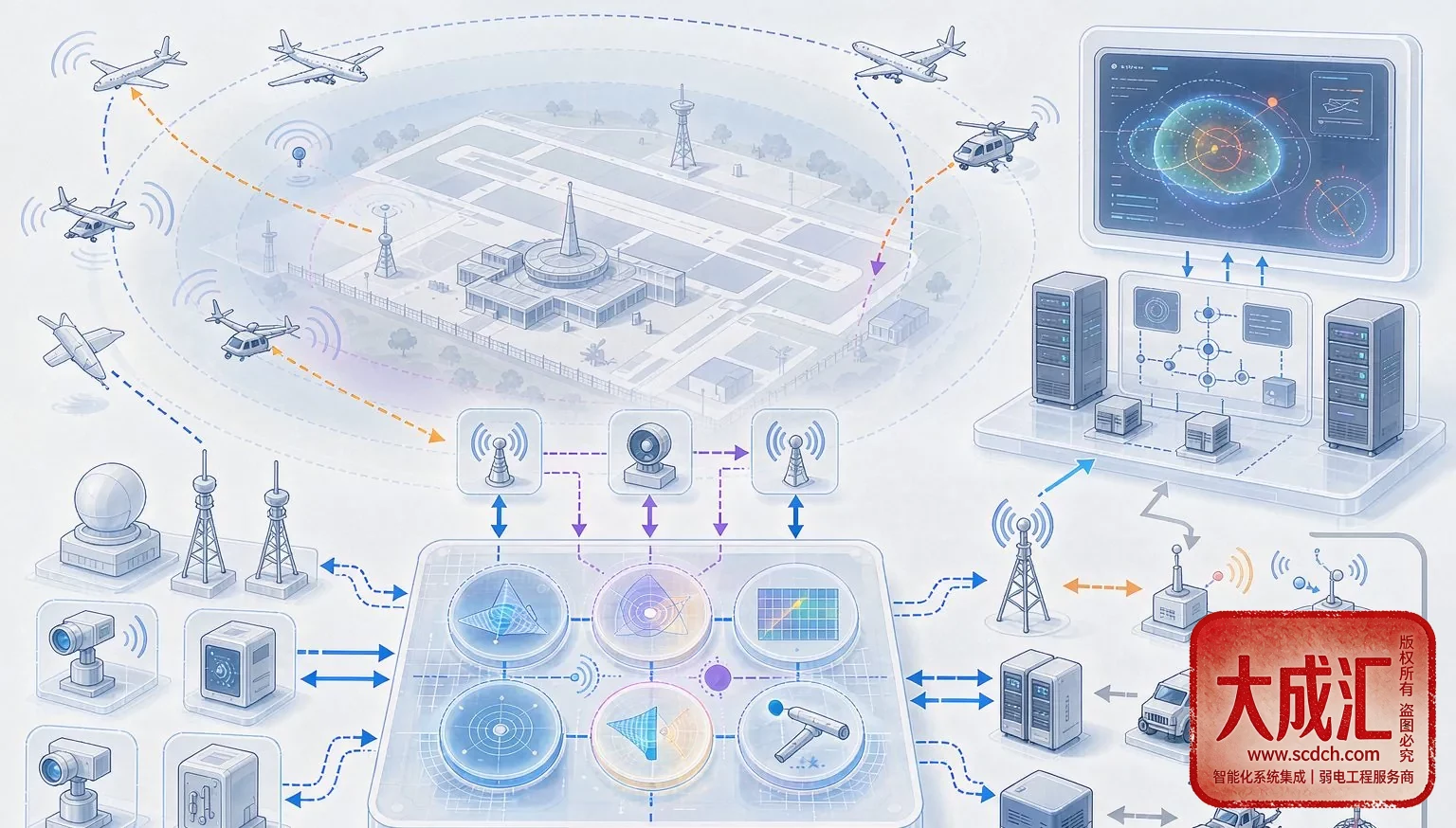 {'en': 'Schematic of an airport clear-zone integrated sensing and communication defense architecture', 'ja': '空港クリアゾーンの通感一体防御アーキテクチャの模式図', 'zh': '机场净空通感一体防御架构示意'}