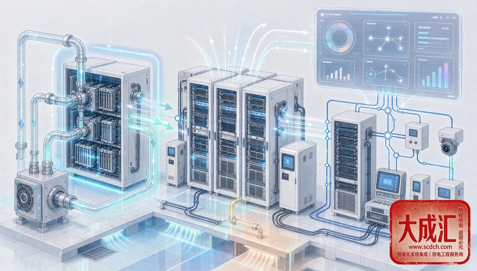 {'en': 'Schematic of PUE optimization and low-voltage integration in a liquid-cooled data center', 'ja': '液冷スマートデータセンターのPUE調整と弱電統合の模式図', 'zh': '液冷智算机房PUE优化与弱电集成示意'}