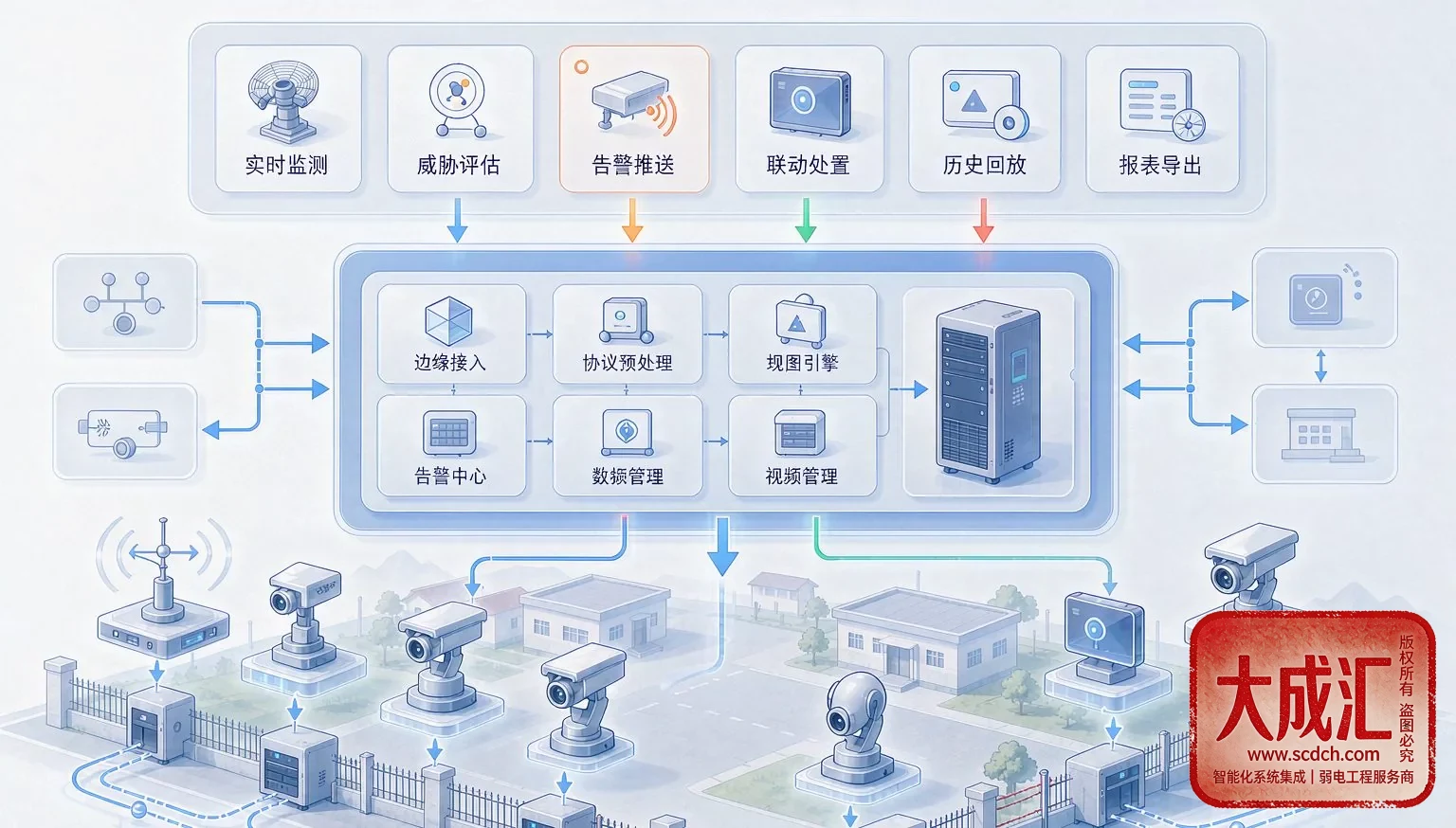 {'en': 'Schematic of a low-altitude detection and perimeter defense linkage architecture', 'ja': '低空探知と周辺警備連携アーキテクチャの模式図', 'zh': '低空侦测与周界防范联动架构示意'}
