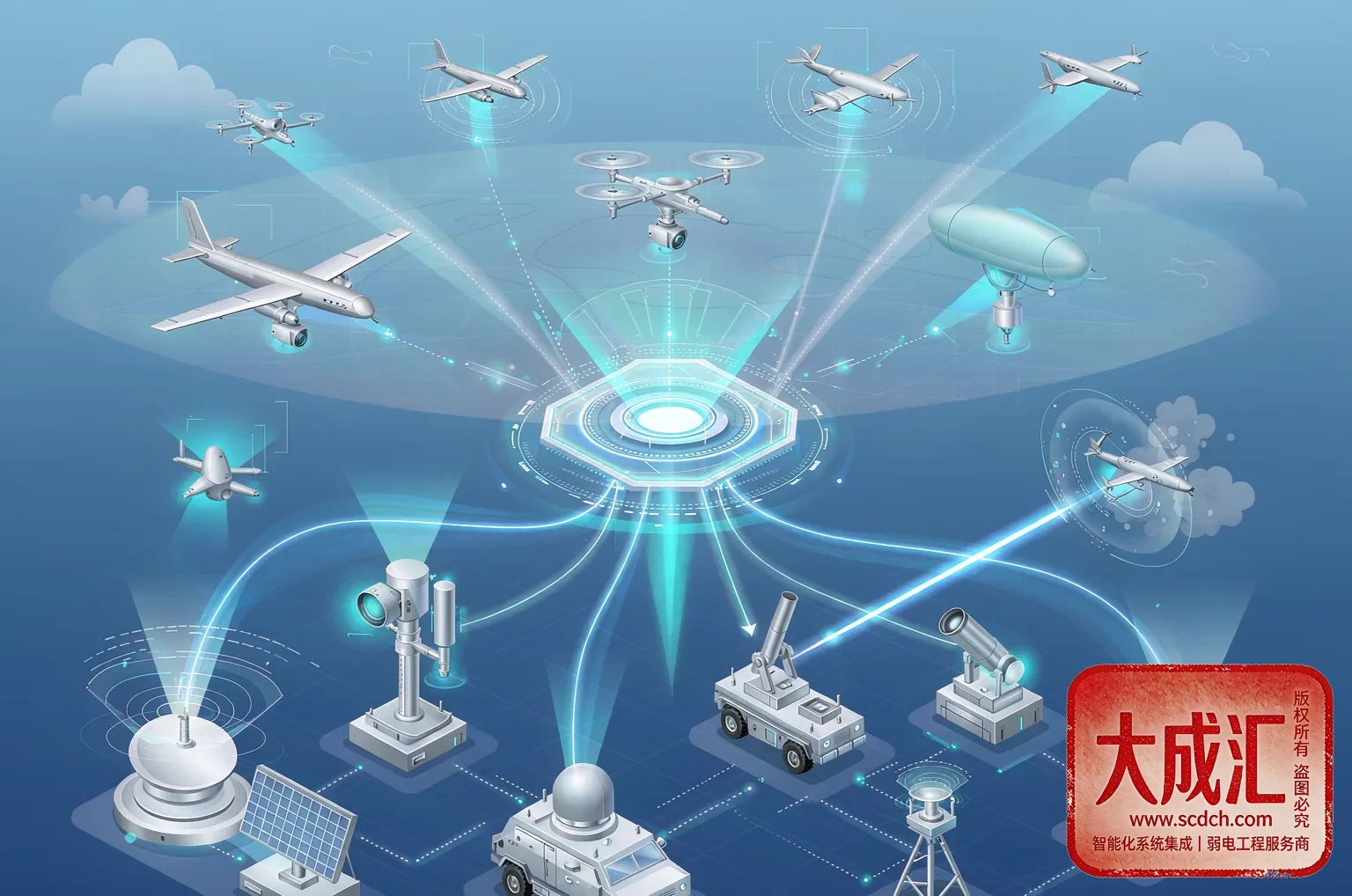 {'en': 'Radar-electro-optical-RF integrated detection', 'ja': 'レーダー光電電波一体化探知示意', 'zh': '雷达光电射频一体化侦测示意'}